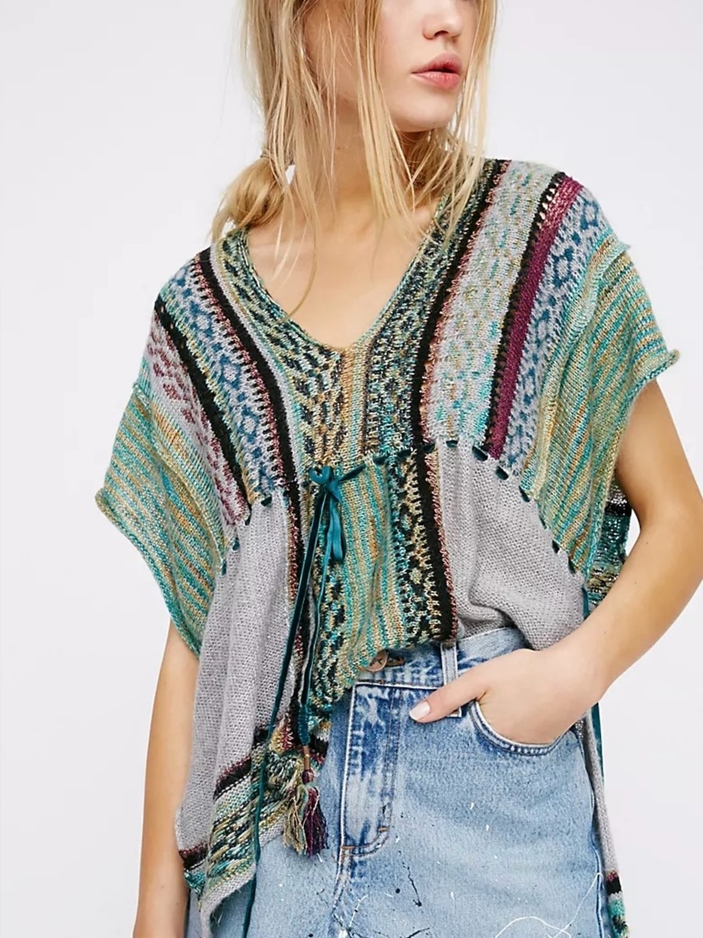 Free People Moonlit Path Knit Boho Tassel Tie Top Vest Relaxed Fit